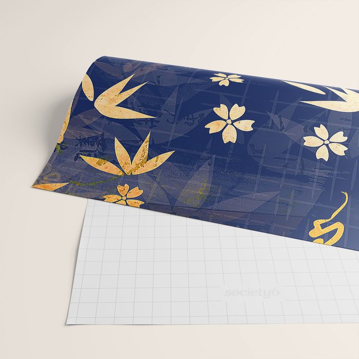 Vintage Japanese Paper Design Floral Pattern In Midnight Blue Wrapping Paper Gallery Image 2