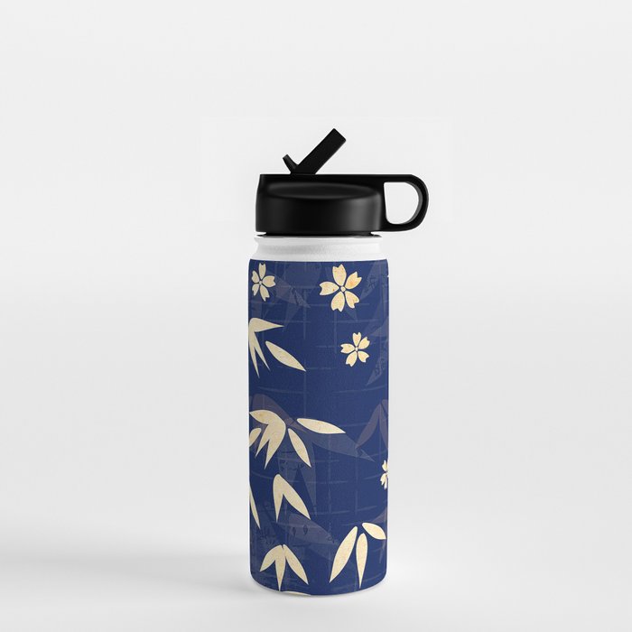 Vintage Japanese Paper Design Floral Pattern In Midnight Blue Water Bottle Gallery Image 1