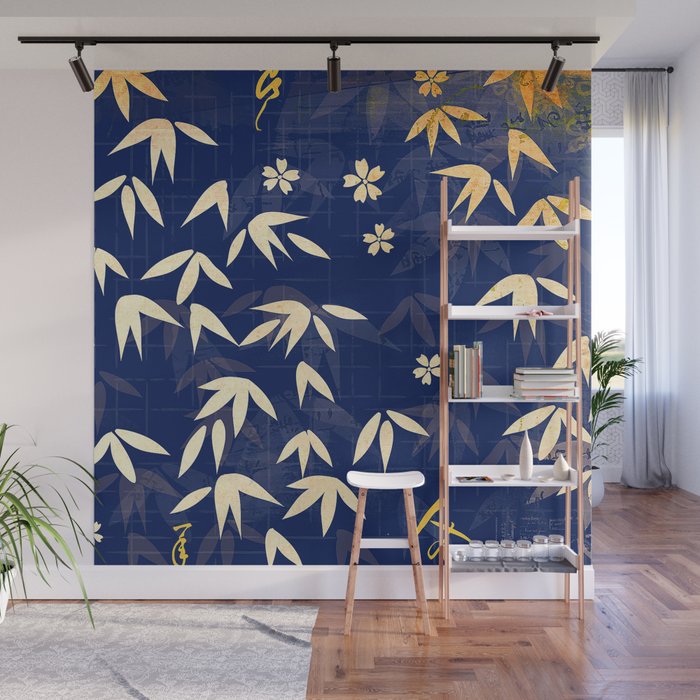 Vintage Japanese Paper Design Floral Pattern In Midnight Blue Wall Mural Gallery Image 1
