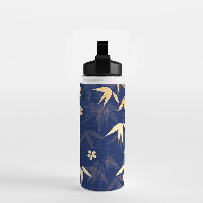 Vintage Japanese Paper Design Floral Pattern In Midnight Blue Water Bottle Gallery Image 2