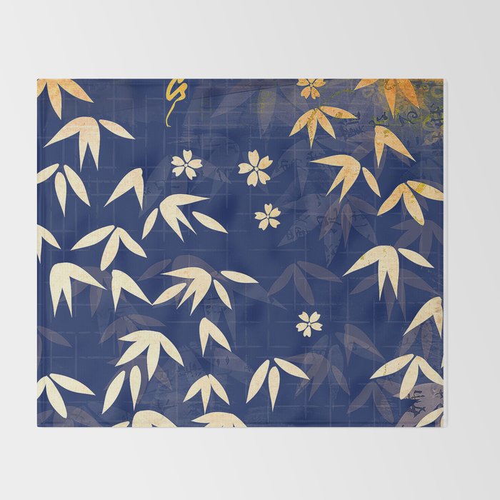 Vintage Japanese Paper Design Floral Pattern In Midnight Blue Throw Blanket Gallery Image 2