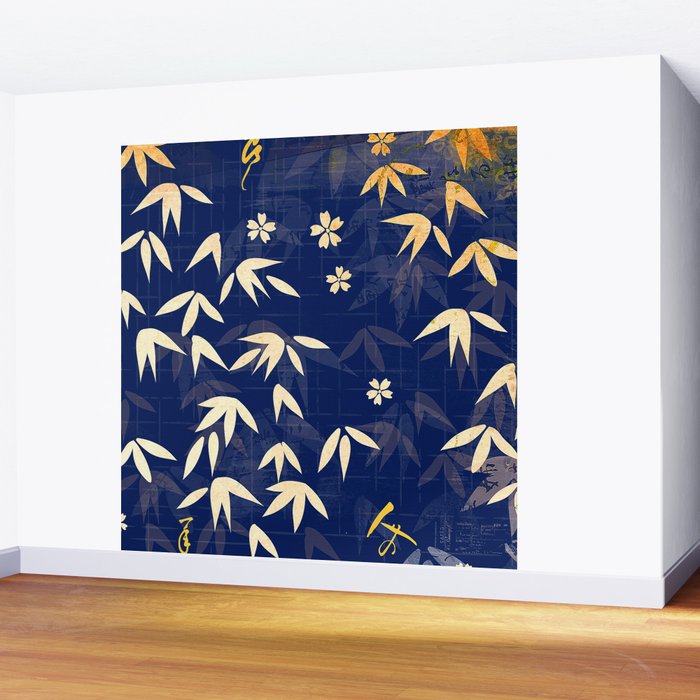 Vintage Japanese Paper Design Floral Pattern In Midnight Blue Wall Mural Gallery Image 2
