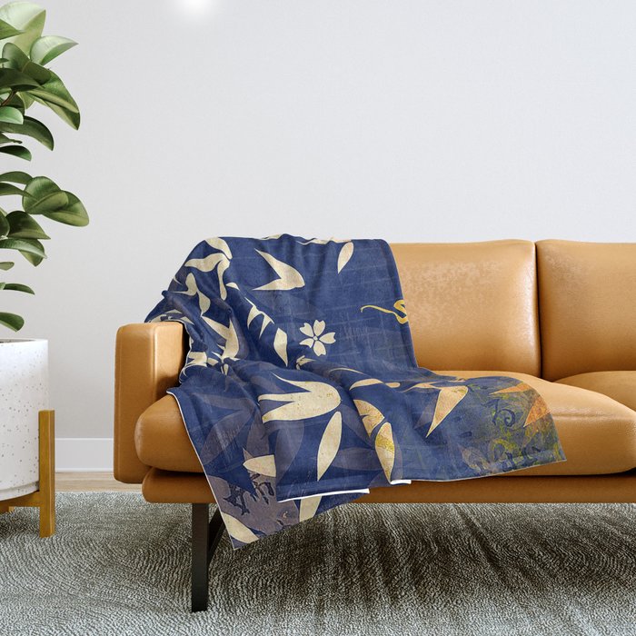 Vintage Japanese Paper Design Floral Pattern In Midnight Blue Throw Blanket Gallery Image 1
