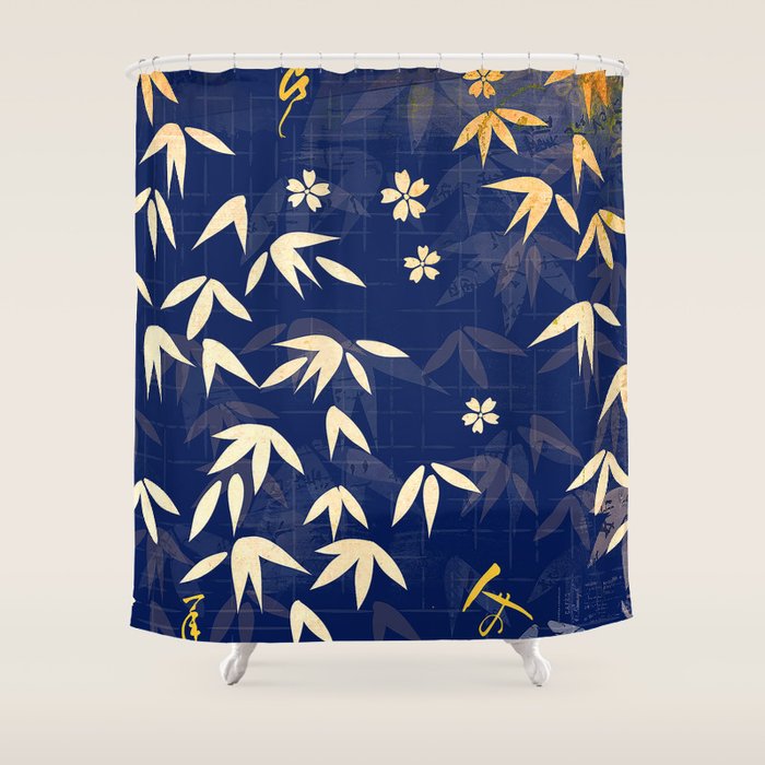 Vintage Japanese Paper Design Floral Pattern In Midnight Blue Shower Curtain Gallery Image 1