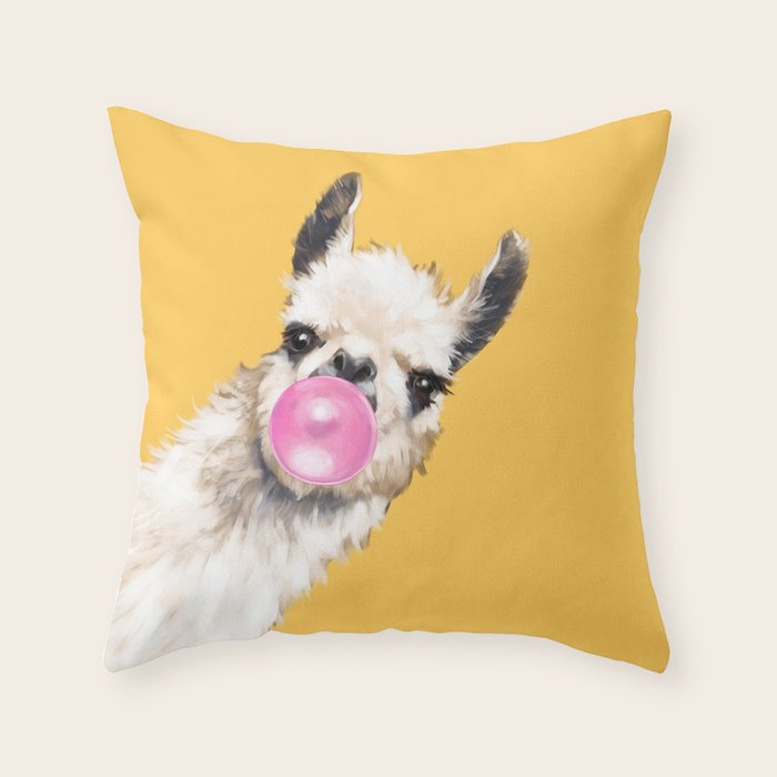 Bubble Gum Sneaky Llama in Yellow Throw Pillow Gallery Image 6