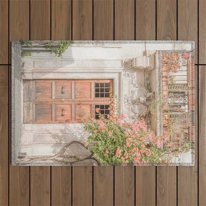 Floral Entry In Rome | Front Door Collection Travel Photography Art Print | Pink Summer Flowers In Italy Outdoor Rug Gallery Image 1