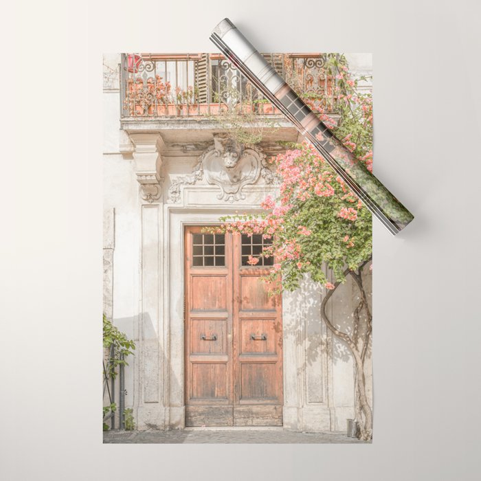 Floral Entry In Rome | Front Door Collection Travel Photography Art Print | Pink Summer Flowers In Italy Wrapping Paper Gallery Image 1