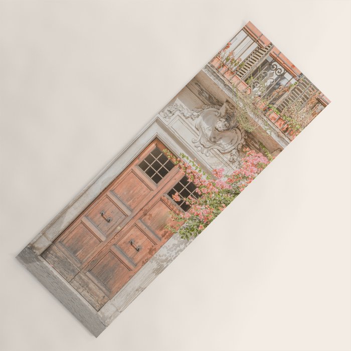 Floral Entry In Rome | Front Door Collection Travel Photography Art Print | Pink Summer Flowers In Italy Yoga Mat Gallery Image 1