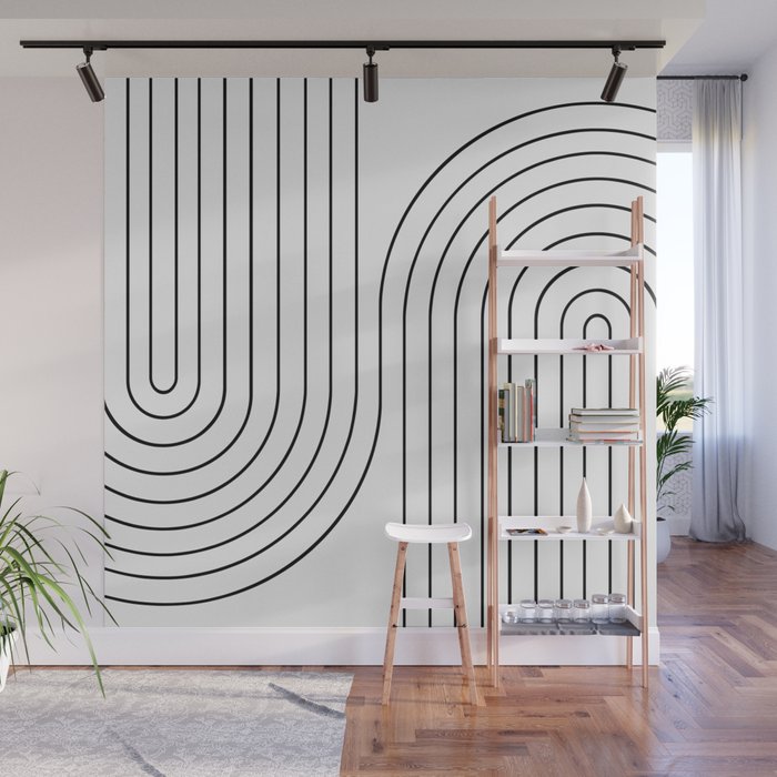 Minimal Line Curvature I Black and White Mid Century Modern Arch Abstract Wall Mural Gallery Image 1