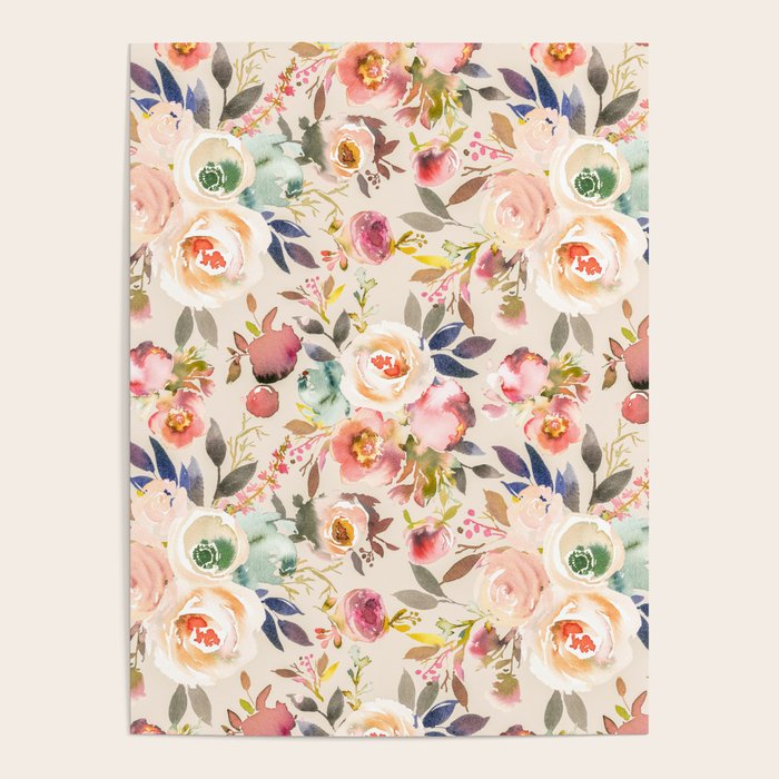 Hand painted ivory pink brown watercolor country floral Poster Gallery Image 4