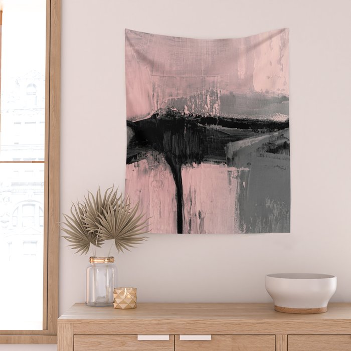 Blush and  Black Abstract Painting Wall Tapestry Gallery Image 2