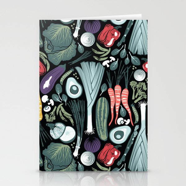 Go veggie // black background sage green mint goldenrod yellow coral and purple beet vegetables Stationery Card Gallery Image 1