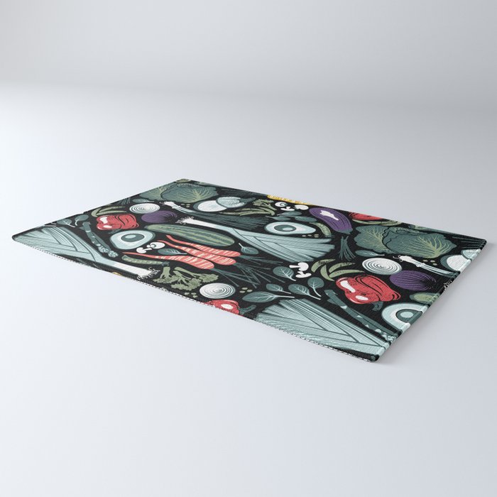 Go veggie // black background sage green mint goldenrod yellow coral and purple beet vegetables Rug Gallery Image 3