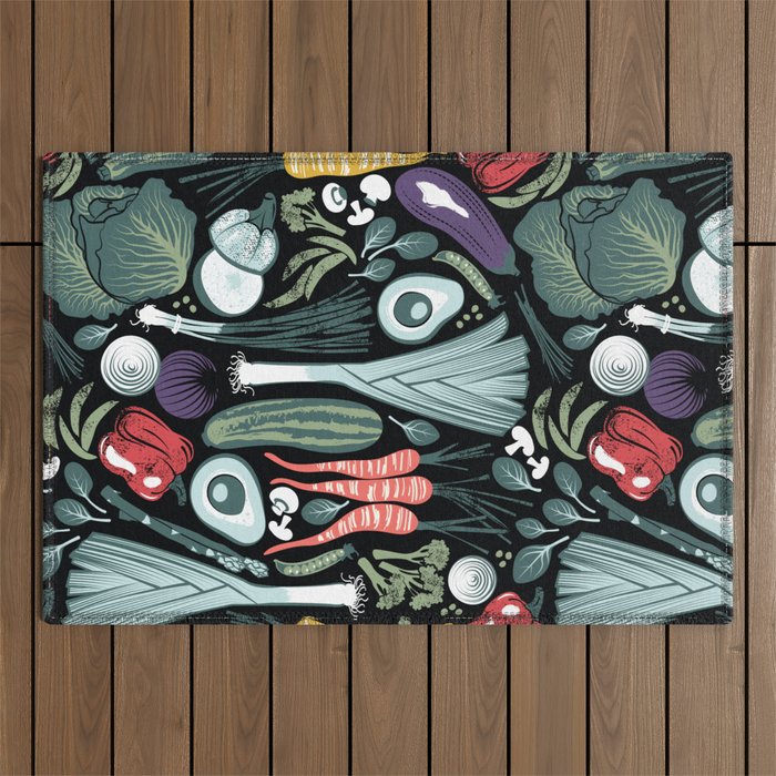 Go veggie // black background sage green mint goldenrod yellow coral and purple beet vegetables Outdoor Rug Gallery Image 1