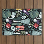 Go veggie // black background sage green mint goldenrod yellow coral and purple beet vegetables Outdoor Rug Gallery Image 1
