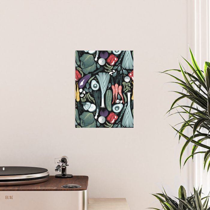 Go veggie // black background sage green mint goldenrod yellow coral and purple beet vegetables Poster Gallery Image 2
