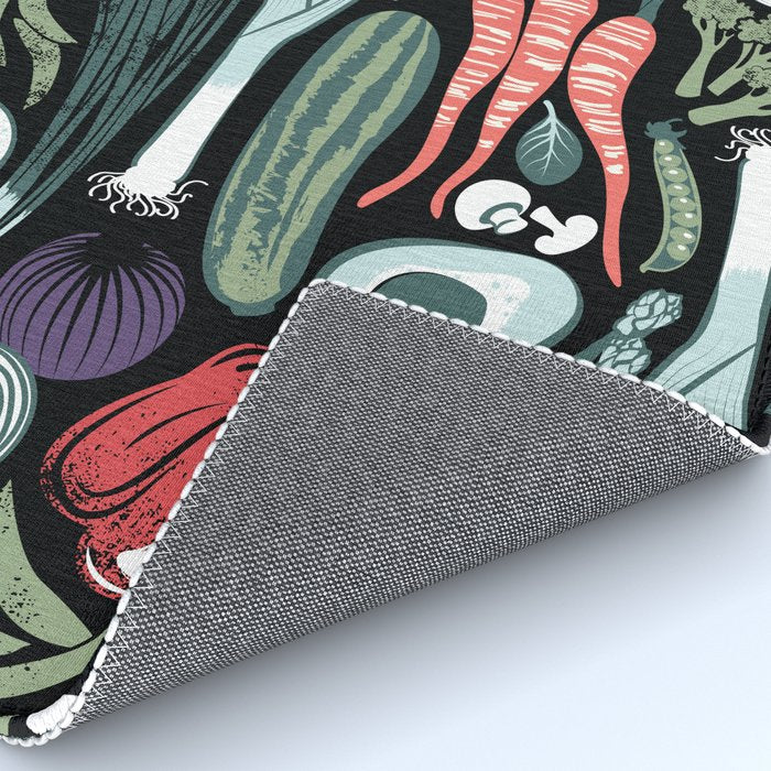 Go veggie // black background sage green mint goldenrod yellow coral and purple beet vegetables Rug Gallery Image 4