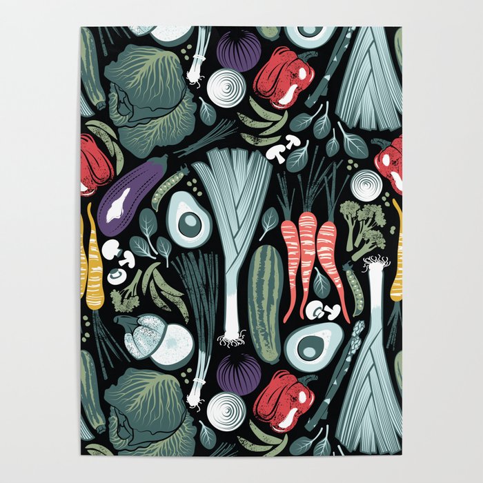 Go veggie // black background sage green mint goldenrod yellow coral and purple beet vegetables Poster Gallery Image 1