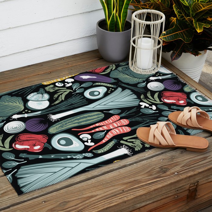 Go veggie // black background sage green mint goldenrod yellow coral and purple beet vegetables Outdoor Rug Gallery Image 2