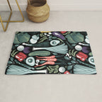 Go veggie // black background sage green mint goldenrod yellow coral and purple beet vegetables Rug Gallery Image 1