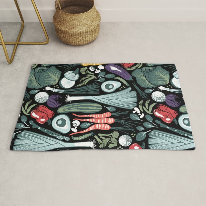 Go veggie // black background sage green mint goldenrod yellow coral and purple beet vegetables Rug Gallery Image 1