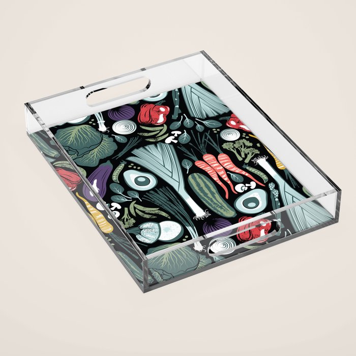 Go veggie // black background sage green mint goldenrod yellow coral and purple beet vegetables Acrylic Tray Gallery Image 1
