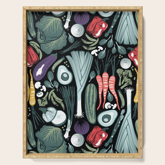 Go veggie // black background sage green mint goldenrod yellow coral and purple beet vegetables Serving Tray Gallery Image 1