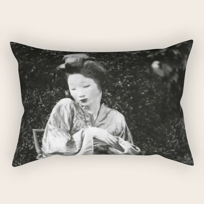 Seated Geisha with mask black and white vintage garden photograph still life by Arnold Genthe Rectangular Pillow Gallery Image 2