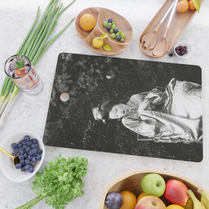 Seated Geisha with mask black and white vintage garden photograph still life by Arnold Genthe Cutting Board Gallery Image 2