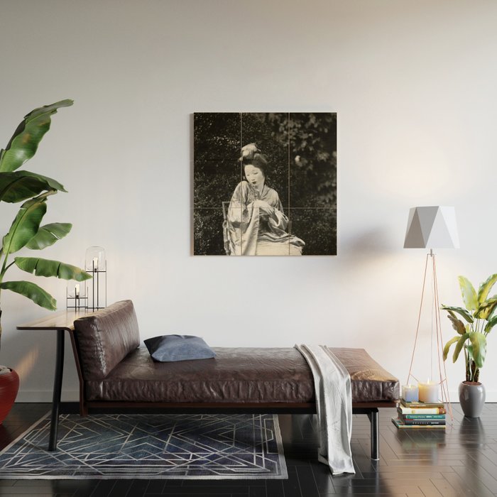 Seated Geisha with mask black and white vintage garden photograph still life by Arnold Genthe Wood Wall Art Gallery Image 2