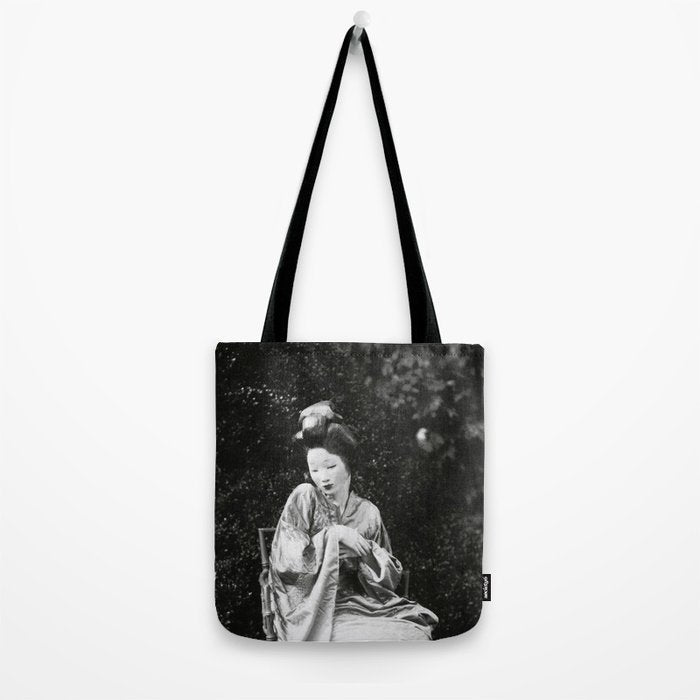 Seated Geisha with mask black and white vintage garden photograph still life by Arnold Genthe Tote Bag Gallery Image 2