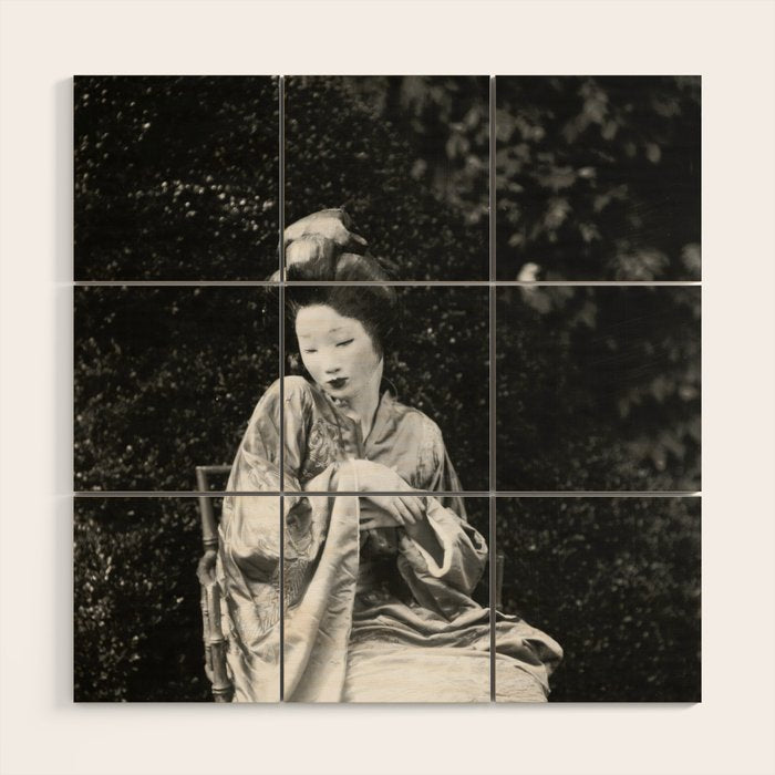 Seated Geisha with mask black and white vintage garden photograph still life by Arnold Genthe Wood Wall Art Gallery Image 1