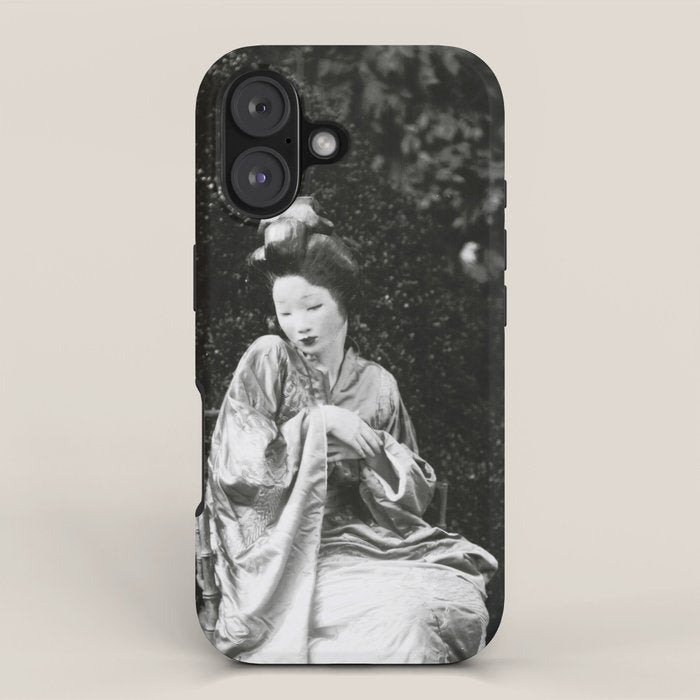 Seated Geisha with mask black and white vintage garden photograph still life by Arnold Genthe iPhone Case Gallery Image 1