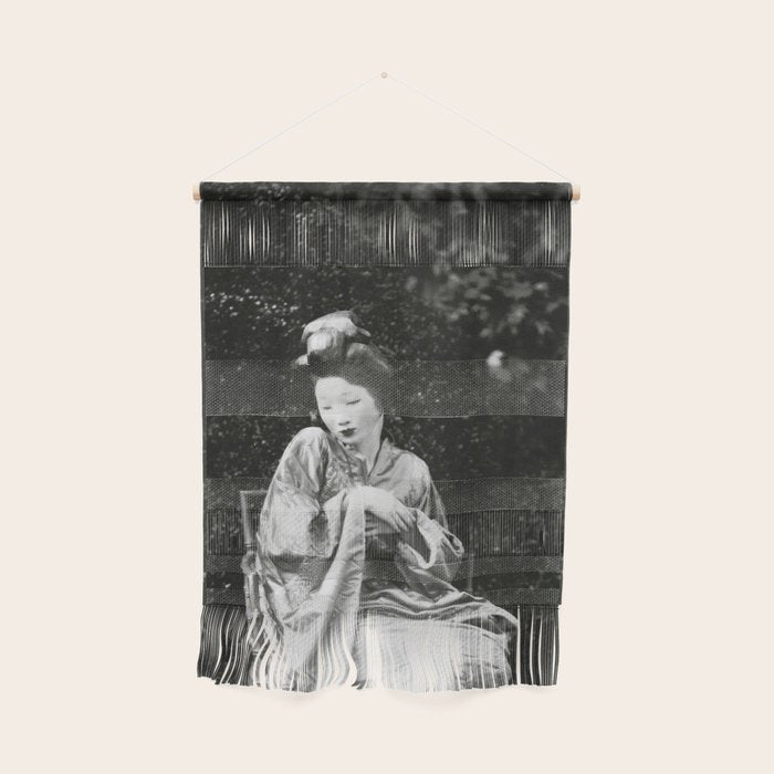 Seated Geisha with mask black and white vintage garden photograph still life by Arnold Genthe Wall Hanging Gallery Image 1
