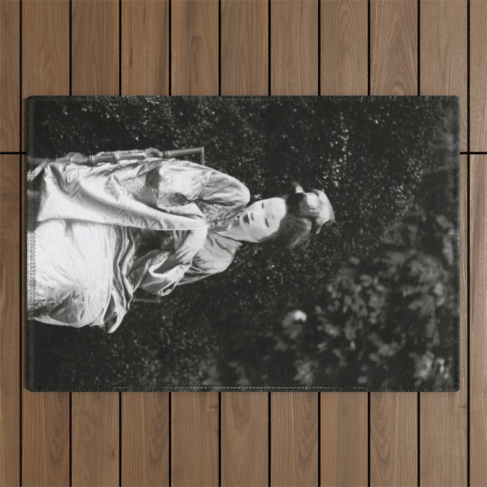 Seated Geisha with mask black and white vintage garden photograph still life by Arnold Genthe Outdoor Rug Gallery Image 1