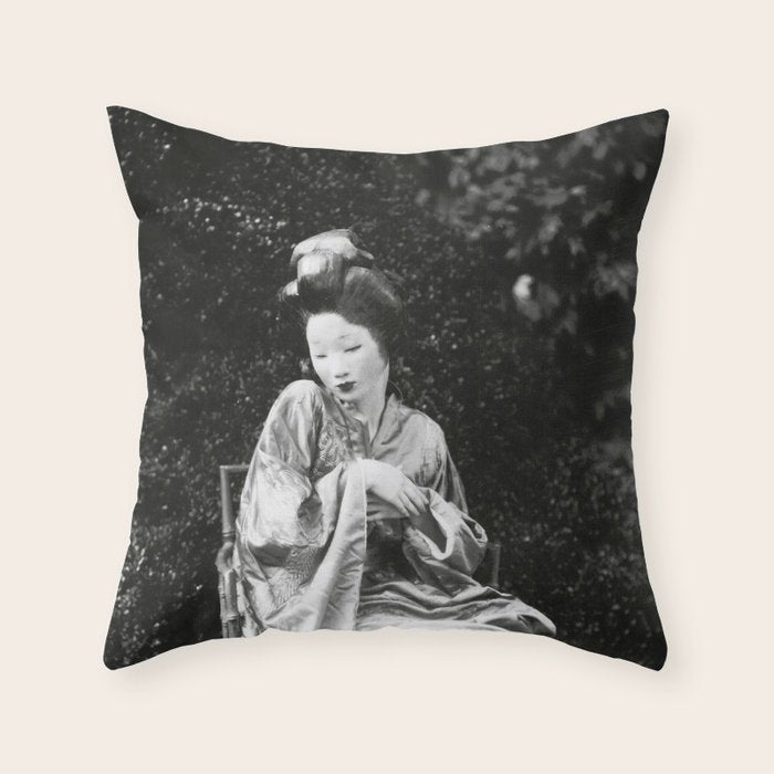 Seated Geisha with mask black and white vintage garden photograph still life by Arnold Genthe Throw Pillow Gallery Image 6