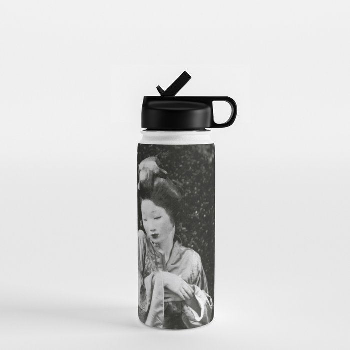 Seated Geisha with mask black and white vintage garden photograph still life by Arnold Genthe Water Bottle Gallery Image 1