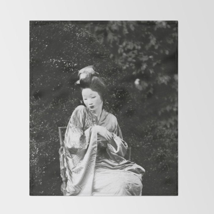 Seated Geisha with mask black and white vintage garden photograph still life by Arnold Genthe Throw Blanket Gallery Image 2