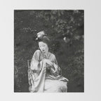 Seated Geisha with mask black and white vintage garden photograph still life by Arnold Genthe Throw Blanket Gallery Image 2