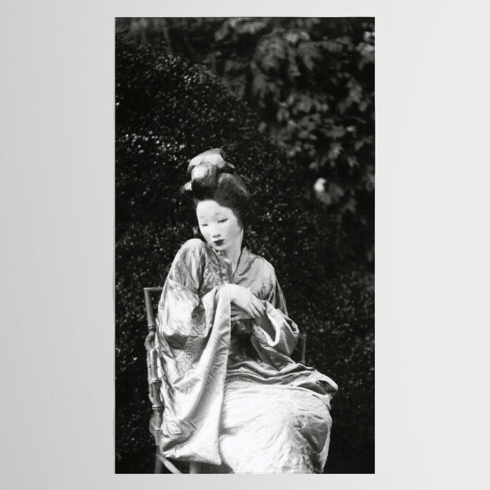 Seated Geisha with mask black and white vintage garden photograph still life by Arnold Genthe Tablecloth Gallery Image 2