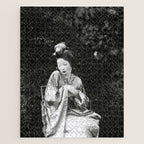 Seated Geisha with mask black and white vintage garden photograph still life by Arnold Genthe Jigsaw Puzzle Gallery Image 1