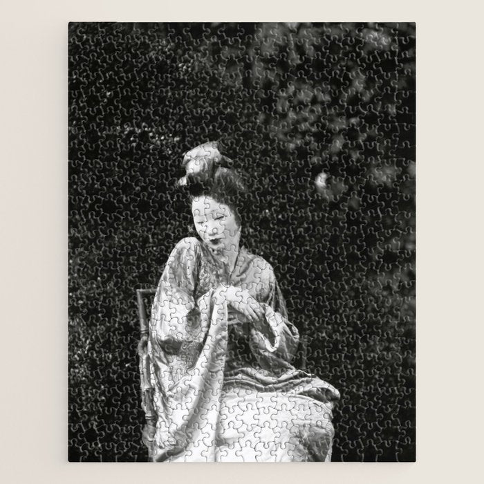 Seated Geisha with mask black and white vintage garden photograph still life by Arnold Genthe Jigsaw Puzzle Gallery Image 1