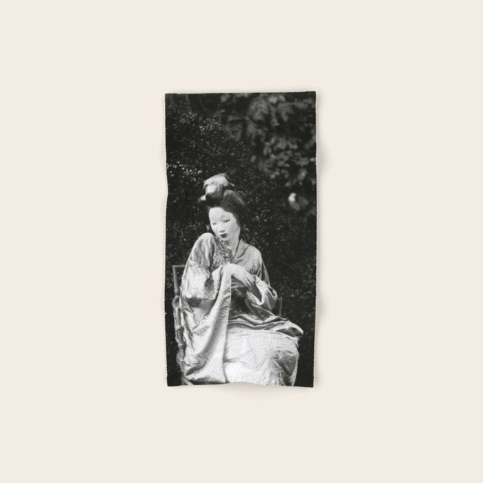 Seated Geisha with mask black and white vintage garden photograph still life by Arnold Genthe Bath Towel Gallery Image 1
