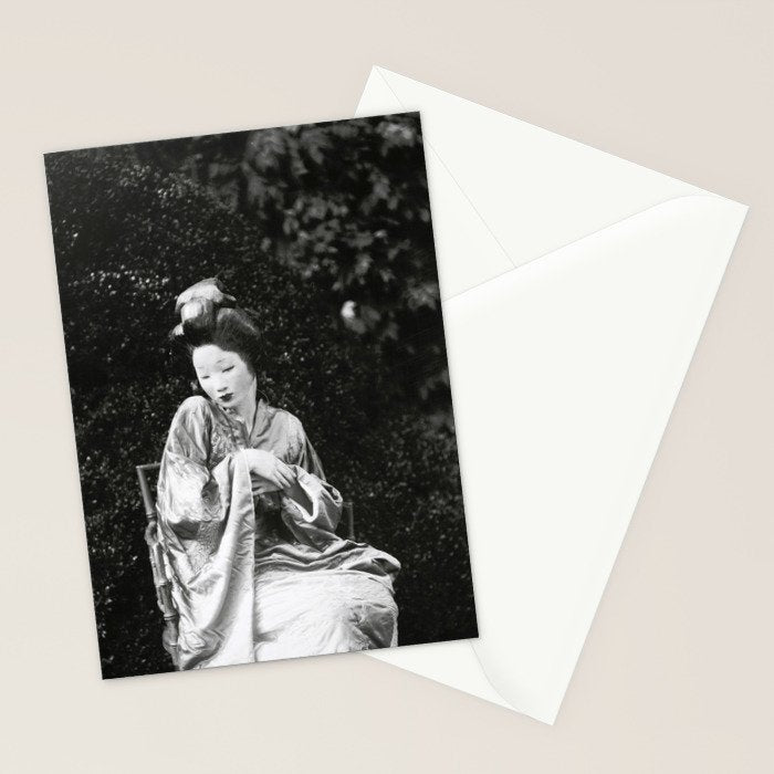 Seated Geisha with mask black and white vintage garden photograph still life by Arnold Genthe Stationery Card Gallery Image 2