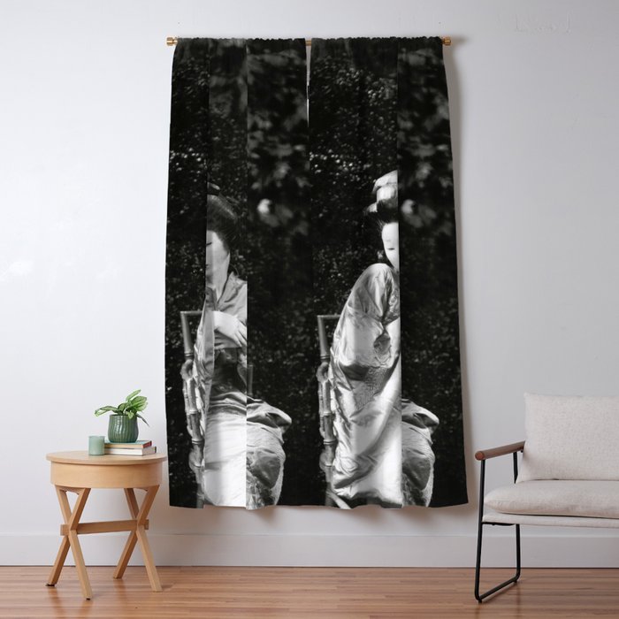 Seated Geisha with mask black and white vintage garden photograph still life by Arnold Genthe Window Curtain Gallery Image 5