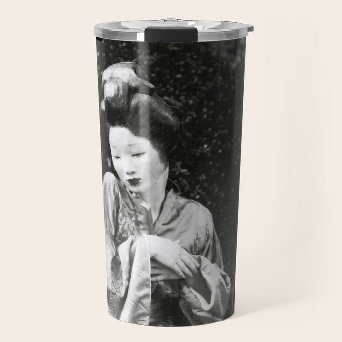 Seated Geisha with mask black and white vintage garden photograph still life by Arnold Genthe Travel Mug Gallery Image 1