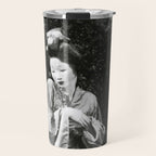 Seated Geisha with mask black and white vintage garden photograph still life by Arnold Genthe Travel Mug Gallery Image 1