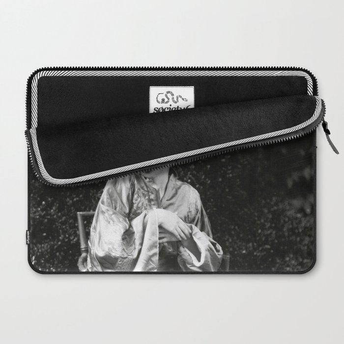 Seated Geisha with mask black and white vintage garden photograph still life by Arnold Genthe Laptop Sleeve Gallery Image 2