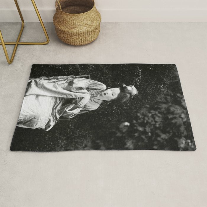 Seated Geisha with mask black and white vintage garden photograph still life by Arnold Genthe Rug Gallery Image 1