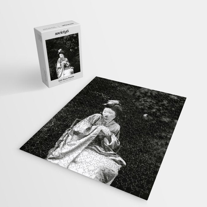 Seated Geisha with mask black and white vintage garden photograph still life by Arnold Genthe Jigsaw Puzzle Gallery Image 2